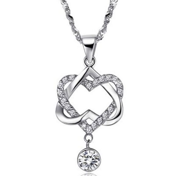 Silver Plated Double Heart Pendant dainty Necklace